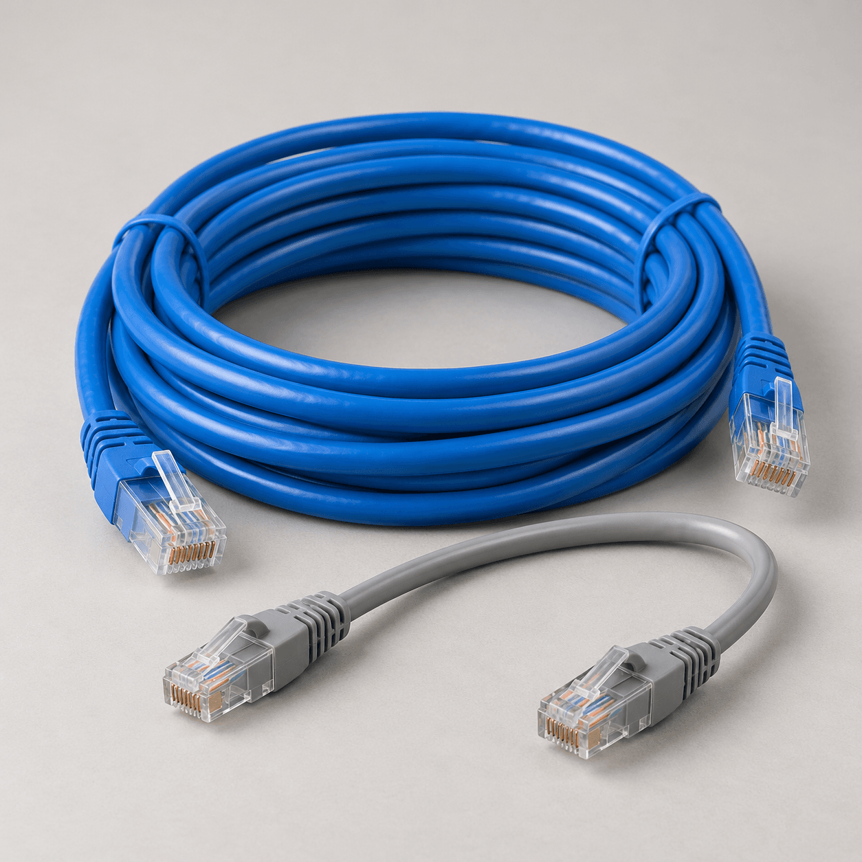 Blue and gray Ethernet cables with RJ45 connectors