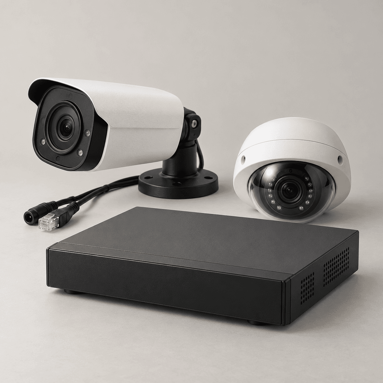 Bullet and dome security cameras with a video recorder