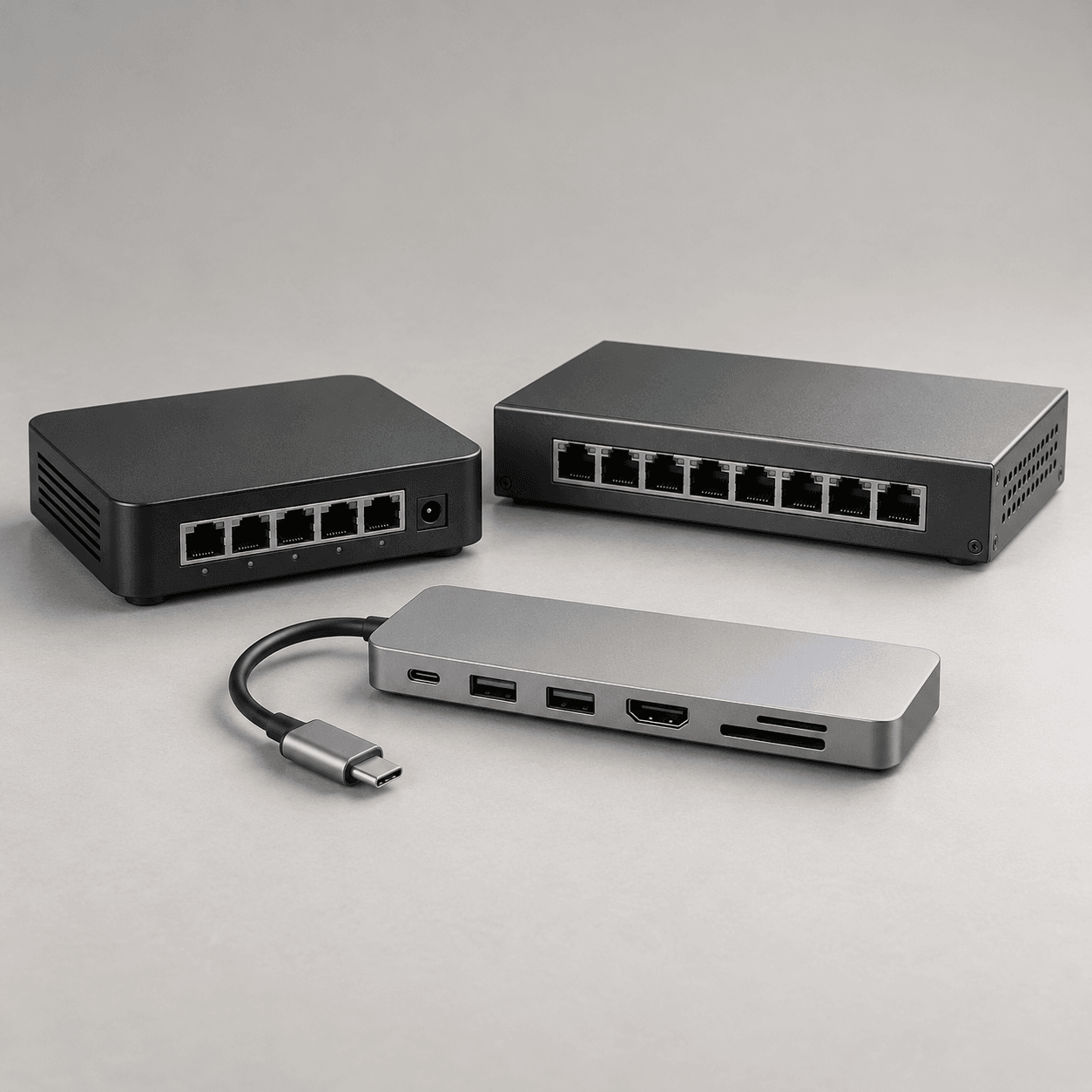 Wired router, Ethernet switch, and USB hub on a studio surface