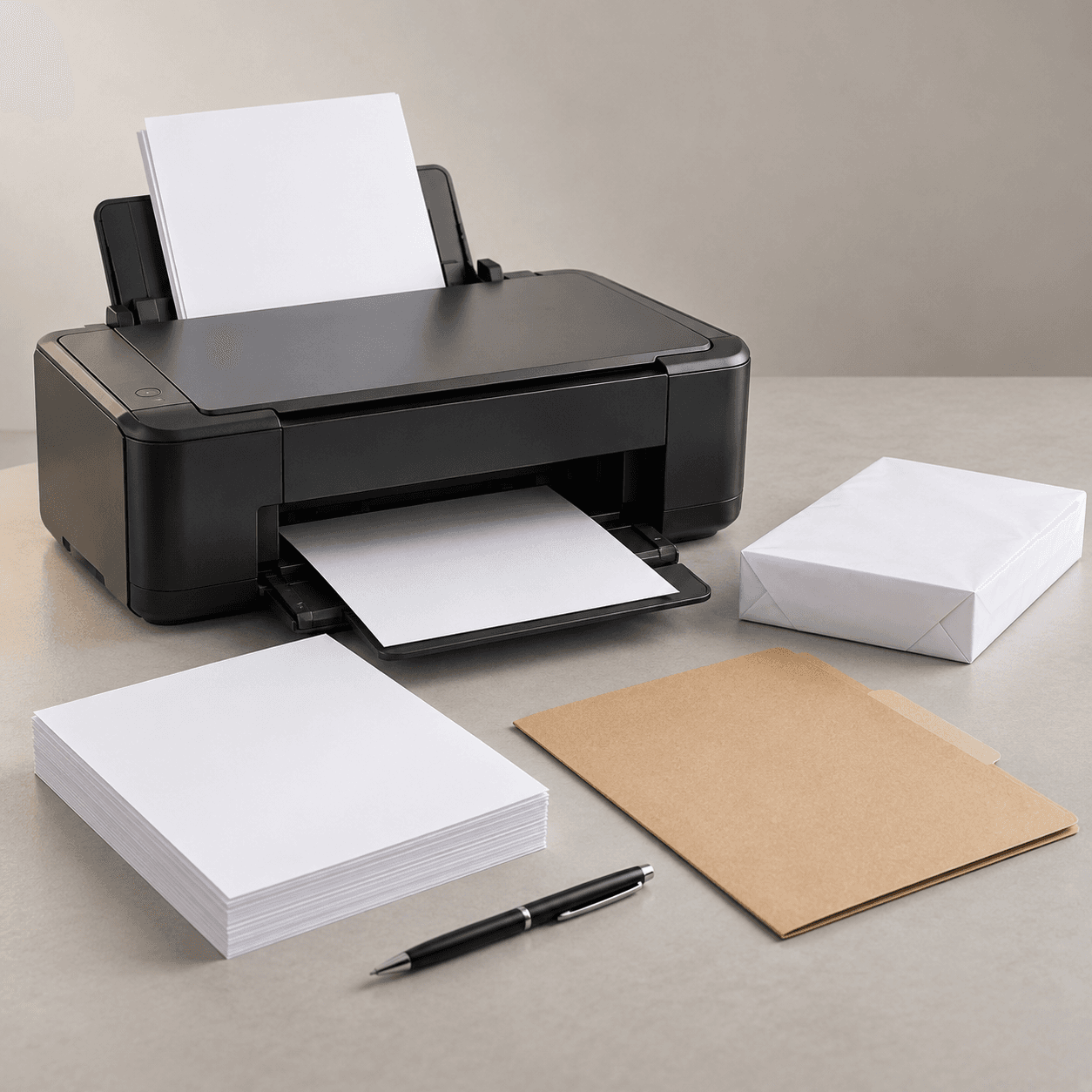 Printer, paper ream, and document folder on a desk