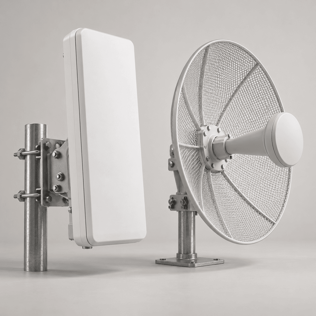 Outdoor panel radio and dish antenna with mounting brackets