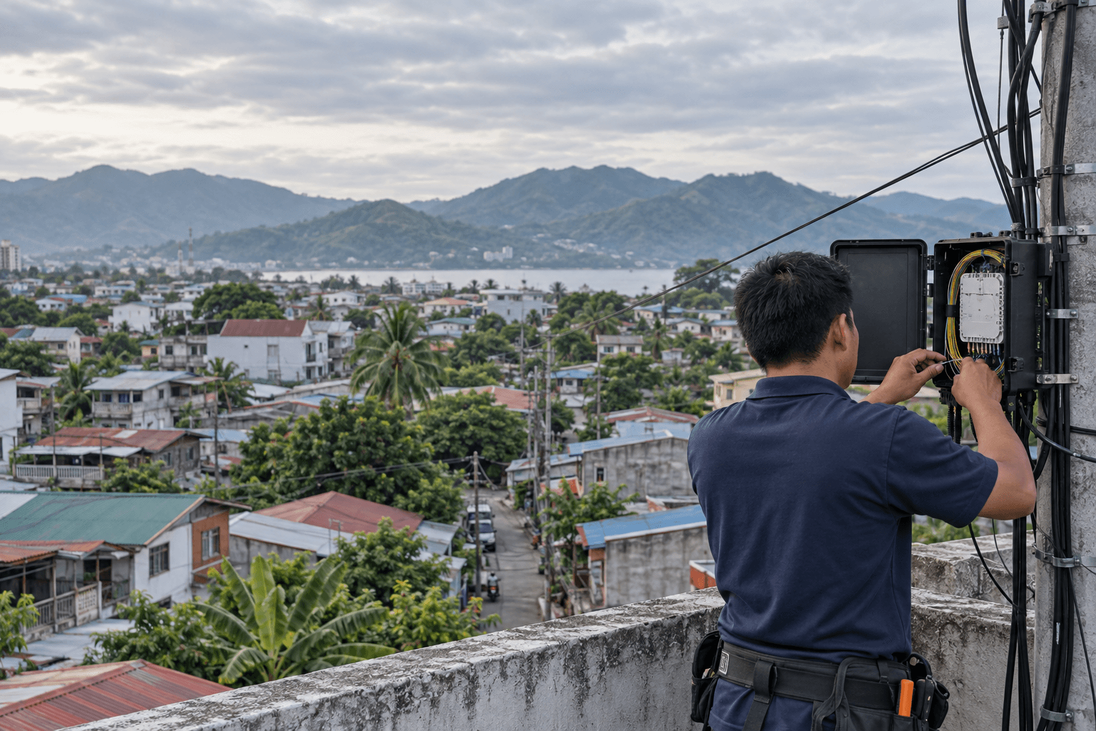 A fiber technician working above a Philippine neighborhood