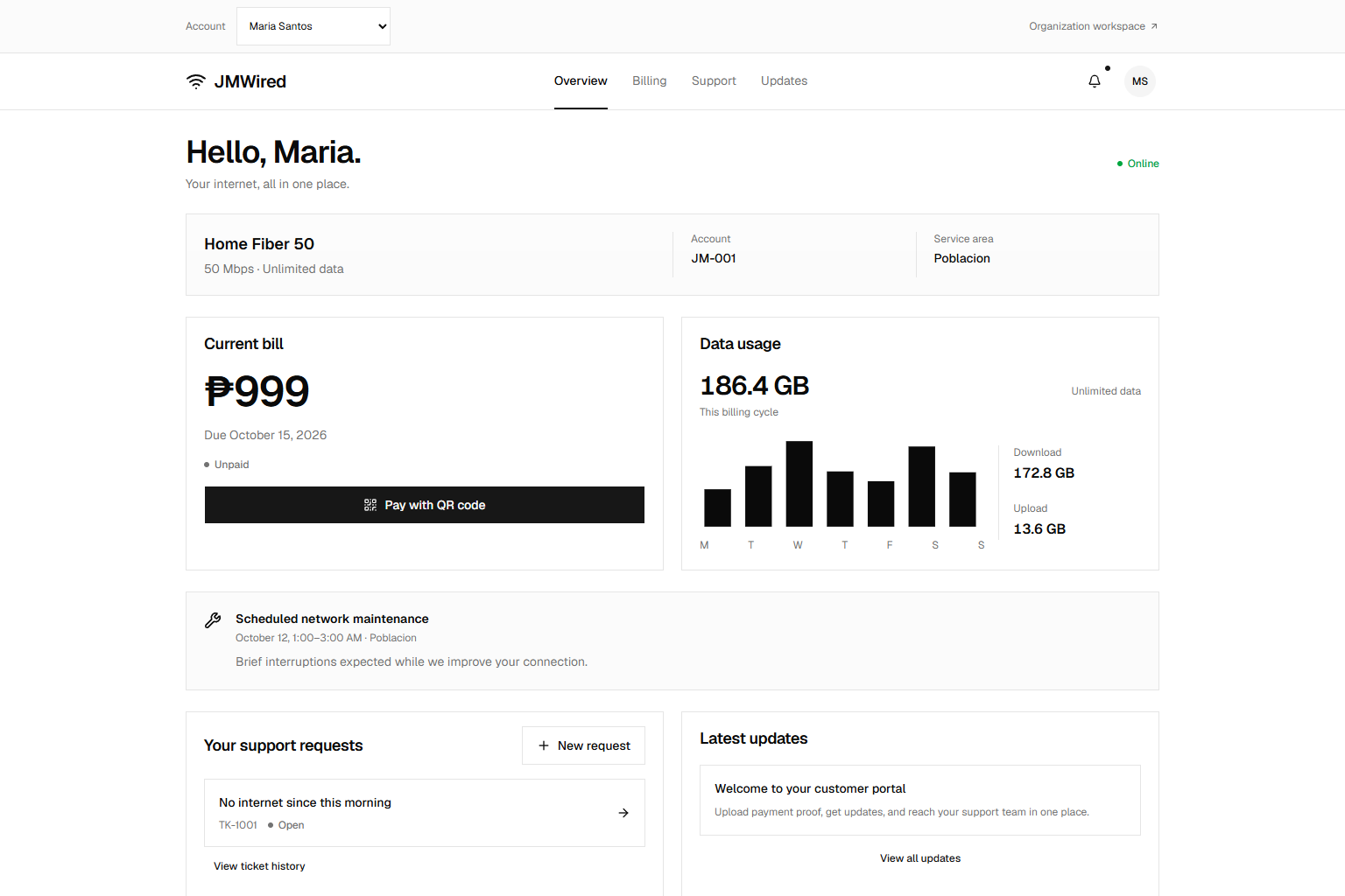 A customer account showing the internet plan, current bill, data usage, and maintenance update