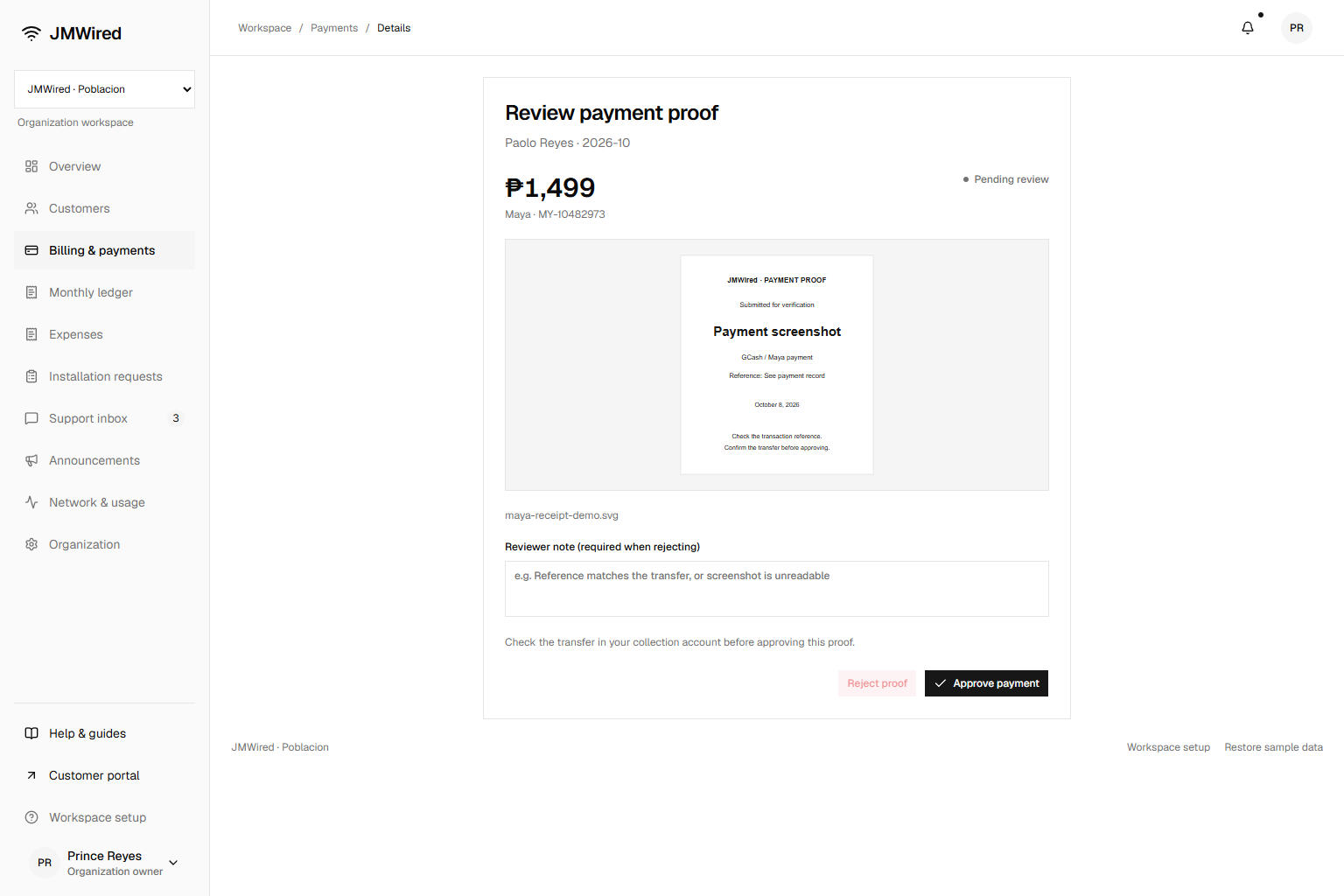 Payment proof review with transaction reference, screenshot and approval actions
