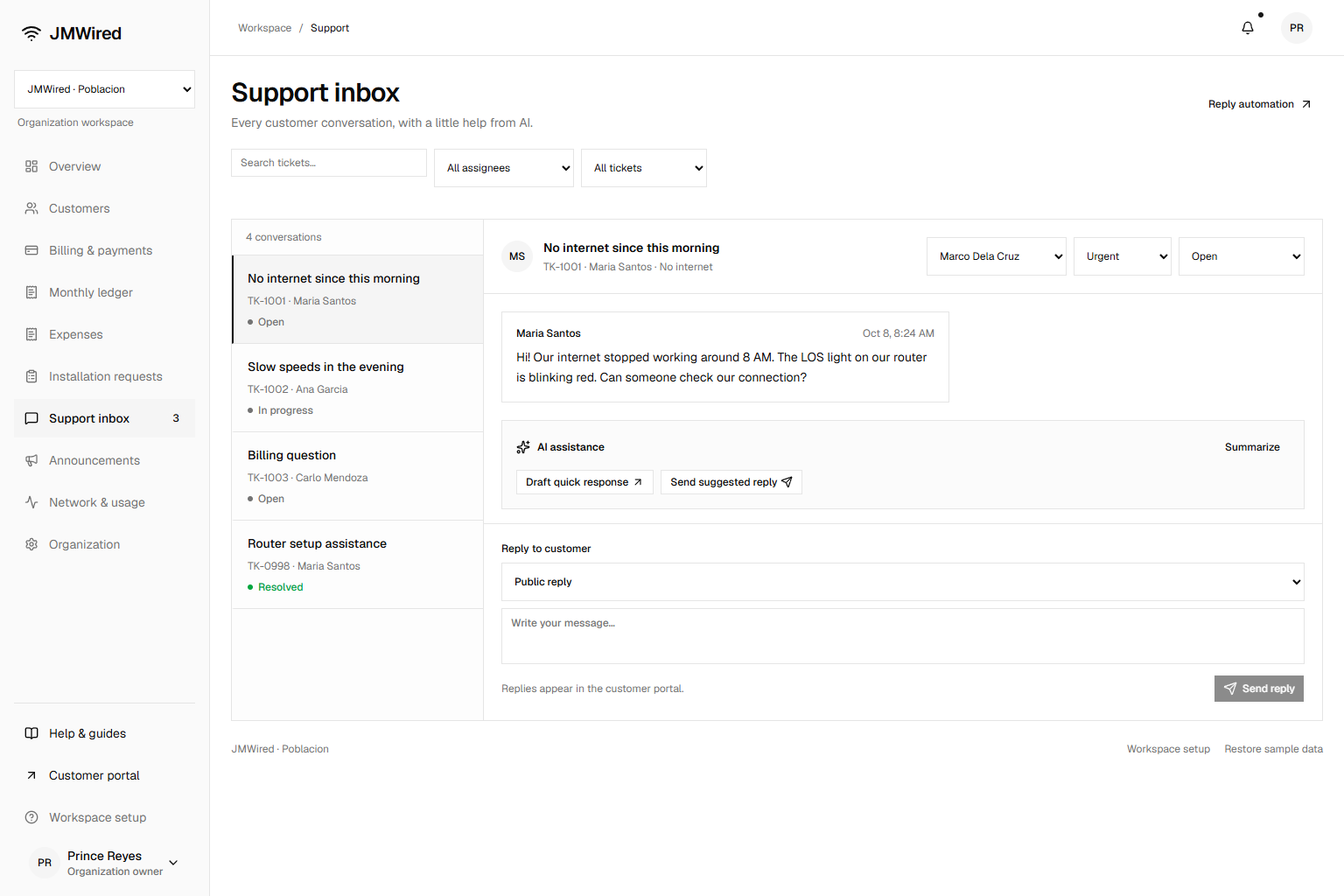 JMWired support inbox showing tickets, customer conversation, status and reply assistance